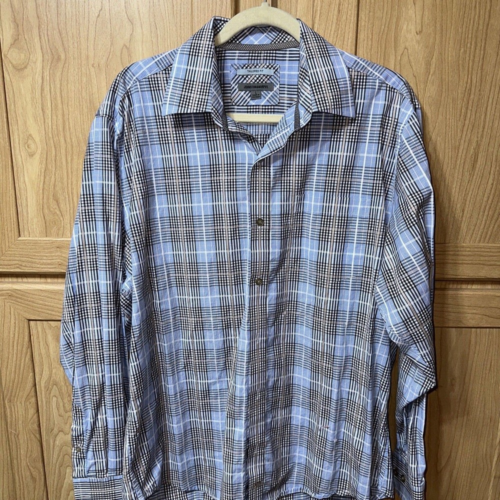 Johnston & Murphy Dress Shirt Mens Large Blue Plaid Tailored Fit Button Up Work